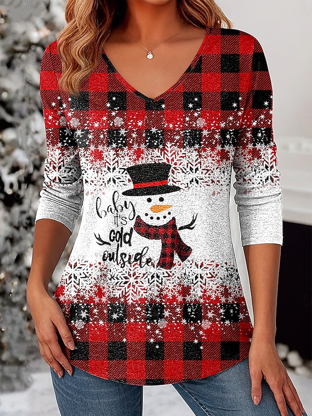 Christmas Women's T Shirt Graphic Vintage Stylish Classic Long Sleeve V Neck Regular Tops Daily Print White / Black Black+White+Red Black Wine Red Spring Fall Winter - Red