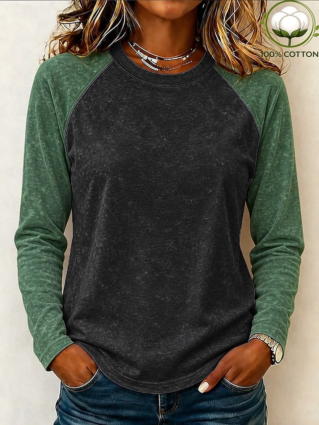 Women's Shirt Washed Cotton 100% Cotton Plain Vintage Fashion Stylish Sleeveless Short Sleeve Long Sleeve Crew Neck Regular Tops Casual Beach Blue Black Purple Spring Fall Winter - Black
