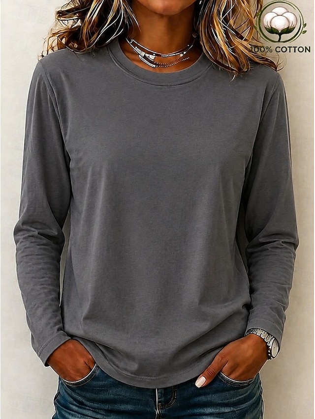 Women's 100% Cotton T-Shirts - Quality Heavy Long Sleeve Crew Neck Tee - Dark Gray