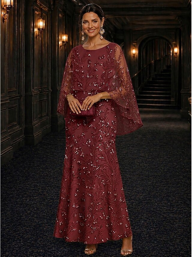 A-Line Dress Floor Length Ankle Length Cocktail Dress Mother of the Bride Dress Long Sleeve Scoop Neck Elegant Luxurious Sparkle & Shine Formal Wedding Guest Semi Formal Lace with Beading Sequin - Burgundy