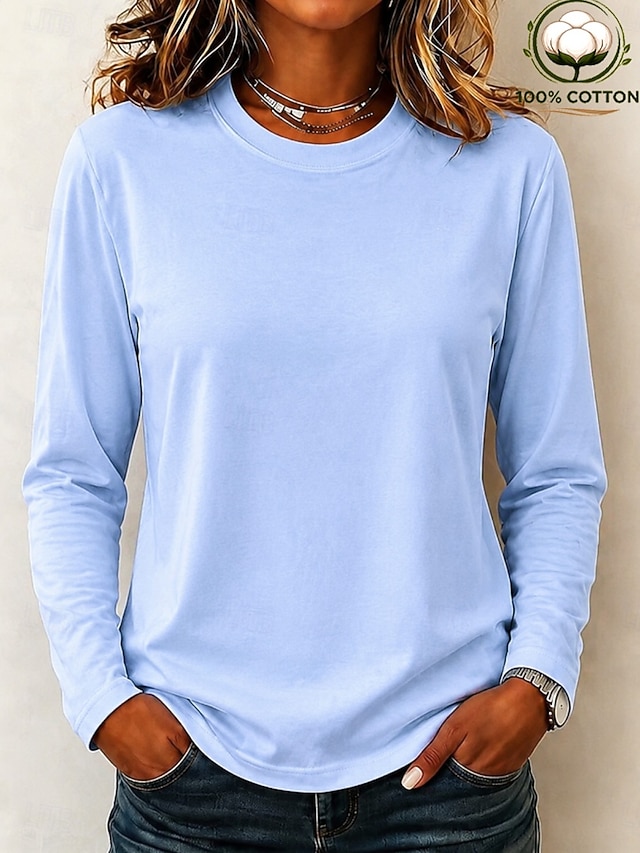 Women's 100% Cotton T-Shirts - Quality Heavy Long Sleeve Crew Neck Tee - Light Blue