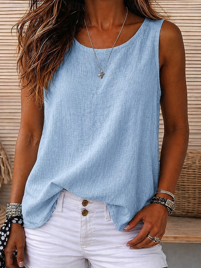 Women's Vintage Cozy 100%Cotton Washed Round Neck Sleeveless Tank Top Casual Black White Sky Blue Orange Violet Summer Spring - Sky Blue
