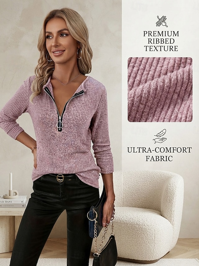 Women's Blouse Texture Quarter Zip Vintage Long Sleeve Crew Neck Casual claret Deep Pink Black Navy Blue Light Grey Fall - Deep Pink