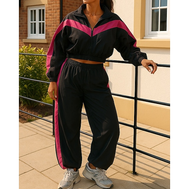 Women's Tracksuit Sweatpants Track Pants Zipper Pocket Solid Colored Clothing Suit Spring Fall White Black Gym Running Training Windproof Long Sleeve Sport Activewear Micro-elastic Regular - Black+Red