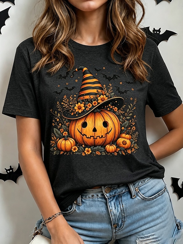 Halloween Women's T Shirt Print Graphic Pumpkin Vintage Stylish Classic Short Sleeve Crew Neck Regular Tops Casual Daily Weekend Black Wine Orange Green Fall Winter - Black