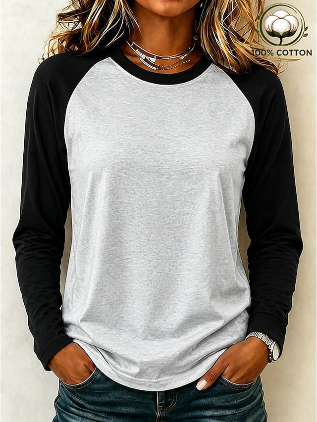 Women's Shirt 100% Cotton Stylish Casual Beach Long Sleeve Crew Neck Long Tops Casual Black Brown Green Spring Fall Winter - Black