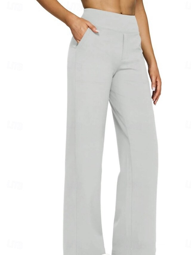 Women's Trousers Casual Pants Straight Fashion Streetwear Basic Full Length High Waist Plain Pocket Elastic Waist Comfort Micro-elastic Daily Vacation Street Blue Black White Almond Spring Fall Loose - White