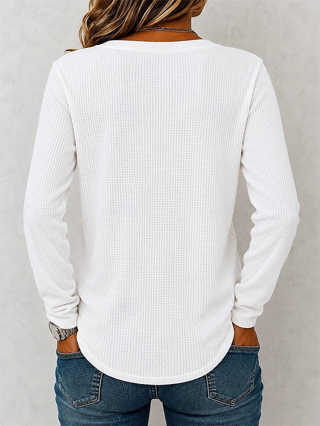 Women's Waffle Shirt Blouse Knit Shirts Texture Solid Color Fashion Stylish Basic Long Sleeve Crew Neck Collar Regular Tops Casual Daily Halloween Going out Blue White Orange Spring Fall Winter - Blue