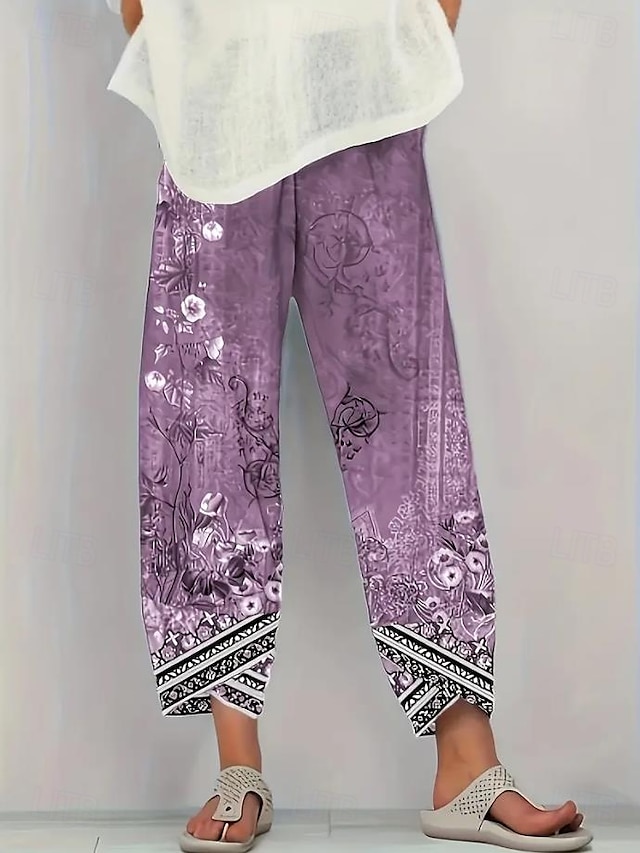 Women's Wide Leg Chinos Baggy Pants Beach Shorts Vacation Vintage Ethnic Style Ankle-Length High Waist Floral Graphic Printing Thermal Warm Soft Breathable Micro-elastic Casual Daily Vacation Ash - Violet