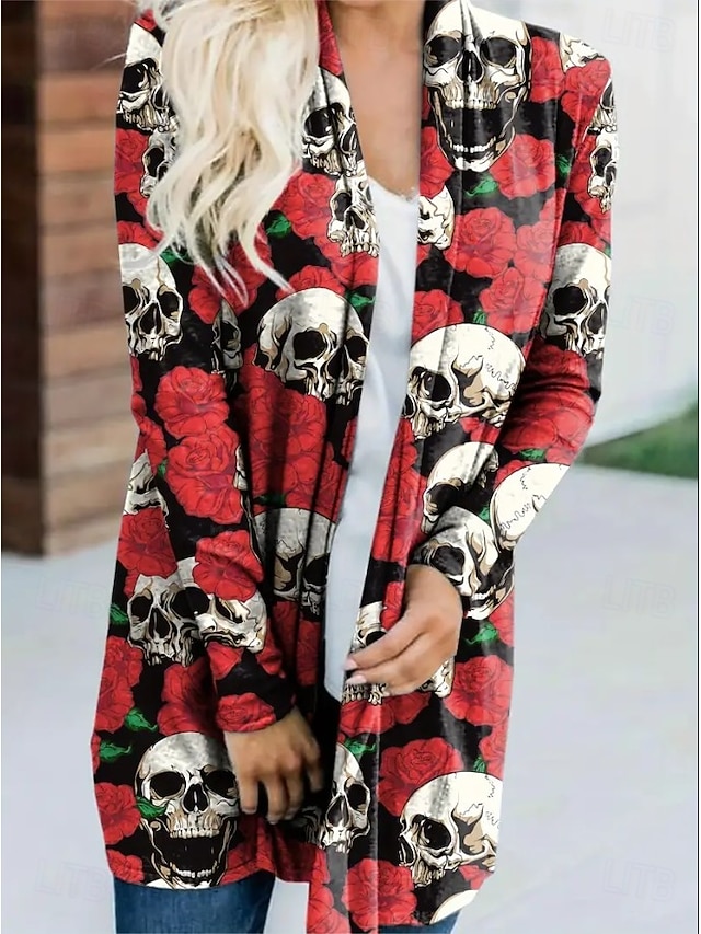 Halloween Women's Giant Skull 3D Bone Cage Print Kimono Cardigan Lightweight Collarless Open Front 3/4 Sleeve Long Cover Up White Gray - Red