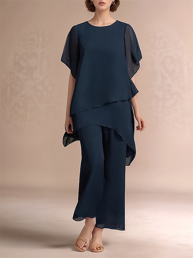 Pantsuit Asymmetrical Mother of the Bride Dress Short Sleeve Shirt Collar Elegant Formal Wedding Guest Formal Evening Chiffon with Solid Color - Navy Blue