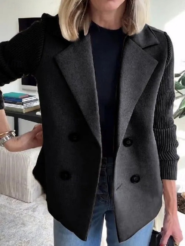 Women's Peacoat Comfortable Buttons OL Style Plain Casual Work Vacation Street Regular Notch Lapel Long Sleeve Outerwear Black Pink Brown Fall Winter - Black