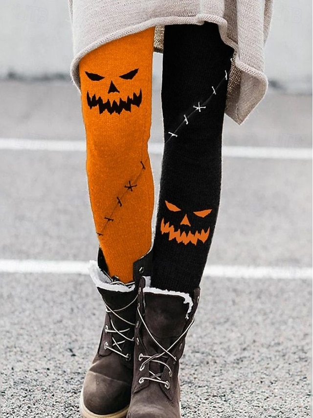 Halloween Women's Cute Mummy Boo Graphic Leggings High Waist Ankle Length Asymmetric Bandage Spider Print Stretchy Pants Black White - Black 3#