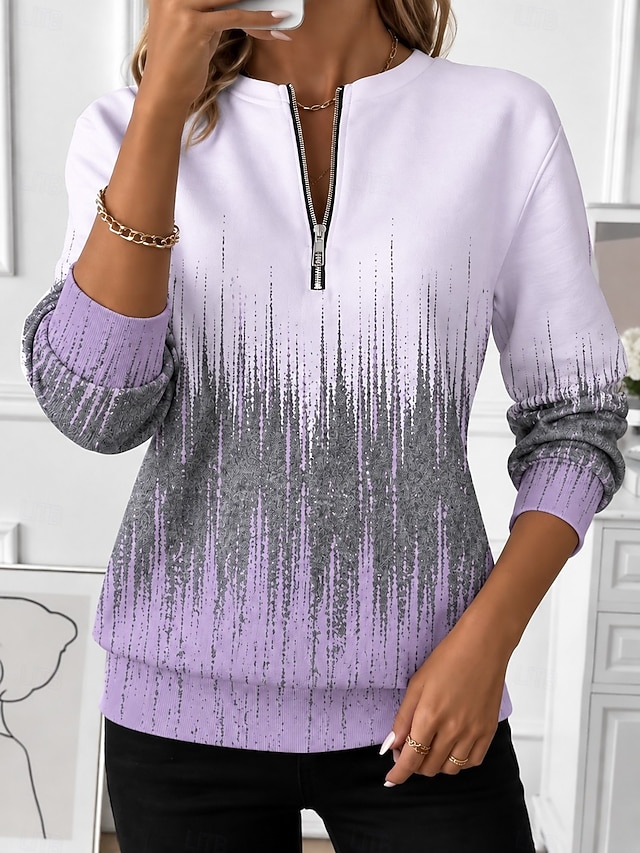 Women's Zip Up Sweatshirts Zipper Print Graphic Geometric Fashion Casual Long Sleeve Round Neck Regular Tops Street Dailywear Blue Pink Purple khaki Summer Spring Fall - Purple