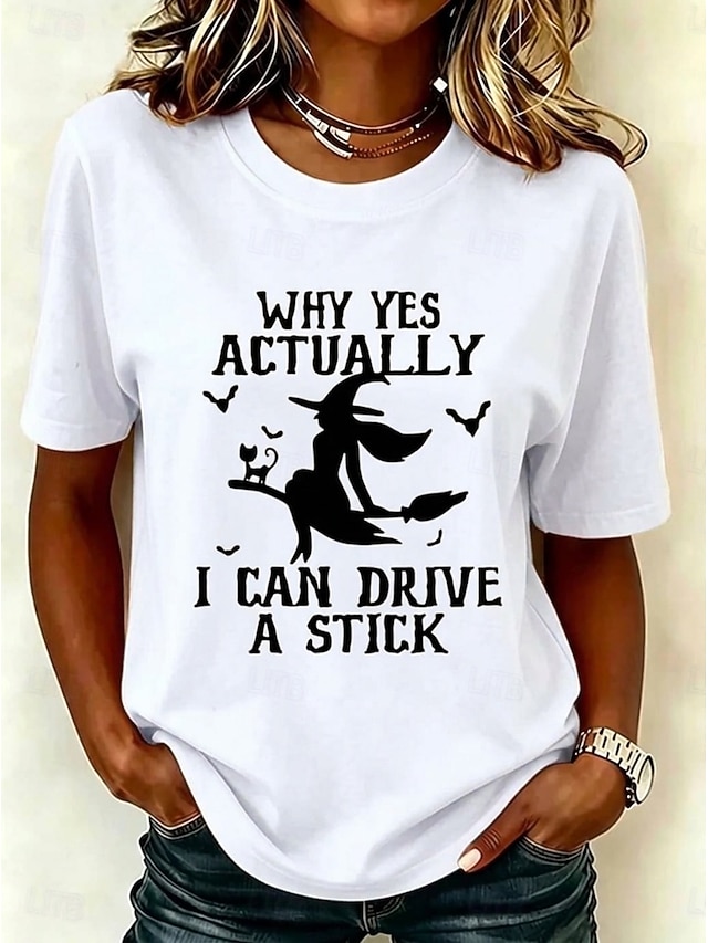 Halloween Women's T Shirt Print Graphic Witch Vintage Stylish Casual Short Sleeve Crew Neck Long Tops Casual Daily Weekend White Black Pink Orange Green Summer Spring Fall Winter - White