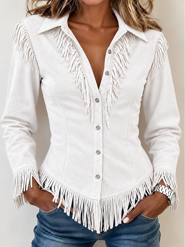 Women's Shirt Blouse Patchwork Buttons Fringe Plain Bohemia Stylish Western Long Sleeve Shirt Collar Regular Tops Casual Daily Holiday White Black Pink Brown Summer Spring Fall - White