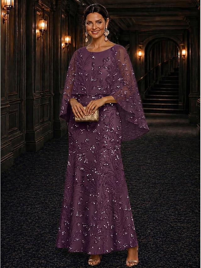A-Line Dress Floor Length Ankle Length Cocktail Dress Mother of the Bride Dress Long Sleeve Scoop Neck Elegant Luxurious Sparkle & Shine Formal Wedding Guest Semi Formal Lace with Beading Sequin - Grape