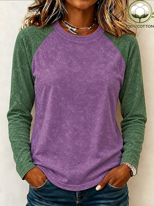 Women's Shirt Washed Cotton 100% Cotton Plain Vintage Fashion Stylish Sleeveless Short Sleeve Long Sleeve Crew Neck Regular Tops Casual Beach Blue Black Purple Spring Fall Winter - Purple