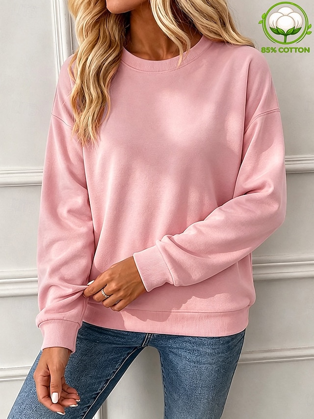 Women's Pullover Sweatshirt Cotton Elegant Warm Long Sleeve Crew Neck Regular Tops Blue White Black Yellow Pink Spring Fall Winter - Pink
