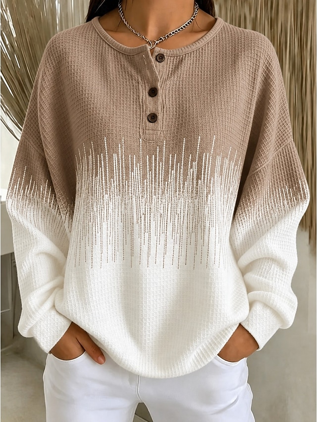 Women's Waffle Knit Tops Buttons Graphic Abstract Fashion Casual Print Long Sleeve Crew Neck Regular Tops Casual Blue Yellow Pink Navy Blue Light Brown Spring Fall - Light Brown