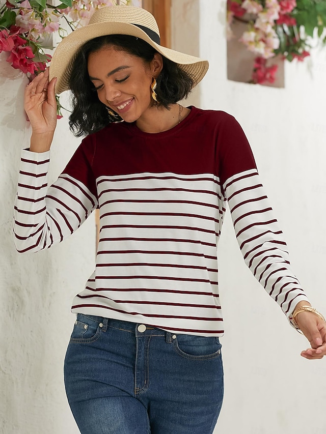 Women's T shirt Long Sleeve Crew Neck Long Sleeve Tunic Striped Basic Round Neck Regular Tops Daily Weekend Print Black White Red Blue Gray Fall & Winter Prefall - Red