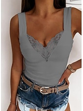 Women's Camisole Tank Top Going Out Tops Camis Concert Tops Black White Blue Plain Patchwork Lace Trims Sleeveless Party Daily Basic Sexy Sweetheart Regular S - Gray