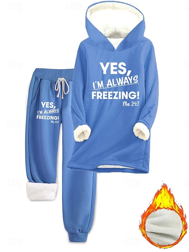 Women's Two Piece Fleece Lined Sets Tracksuit Pants Sets Long Sleeve Hooded Graphic Letter Drawstring Print Daily Stylish Casual Daily Blue Black Pink Fall Regular Fit - Blue