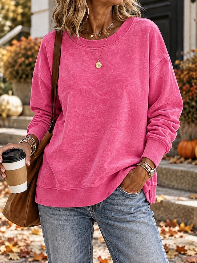 Women's Washed Cotton Pullover Sweatshirt Pullover Plain Active Vintage Casual Long Sleeve Crew Neck Regular Tops Casual Home Street Black Pink Purple khaki Army Green Spring Fall Winter - Pink