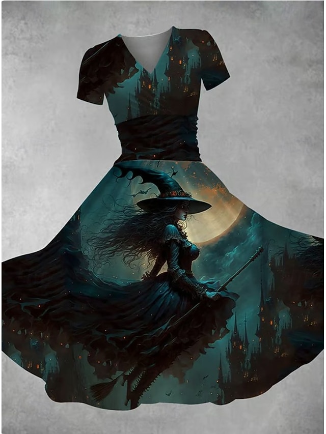Halloween Women's Bloodstain Print Midi Dress A Line Dress Dress Fit And Flare Dress Party Casual Daily Holiday Regular Fit Graphic Abstract Short Sleeve V Neck Deep Green White Wine Red Fall - Deep Green