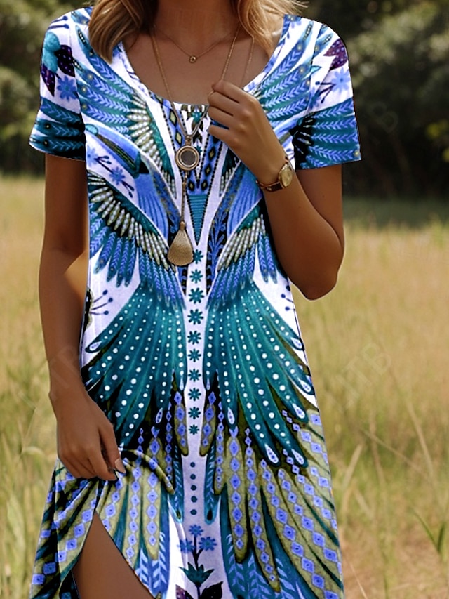 Women's Mini Dress Boho Casual Dress Petite Dress T Shirt Dress Tee Dress Sundress Stylish Casual Vacation Casual Daily Regular Fit Graphic Short Sleeve Crew Neck Maroon Pink Blue Green Spring - Blue