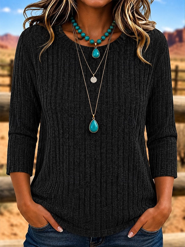 Women's T Shirt Texture Knit Solid Color Vintage Stylish Casual 3/4 Length Sleeve Crew Neck Regular Tops Casual White Sage Green Black Red Gray Summer Spring Fall - Black
