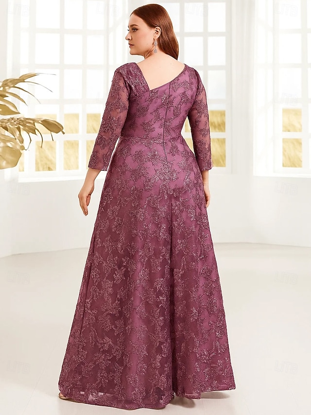A-Line Floor Length Wedding Guest Dress Formal Dresses Evening Gown Mother of the Bride Dress Long Sleeve V Neck Elegant Vintage Luxurious Tulle with Sequin Embroidery - Fuchsia