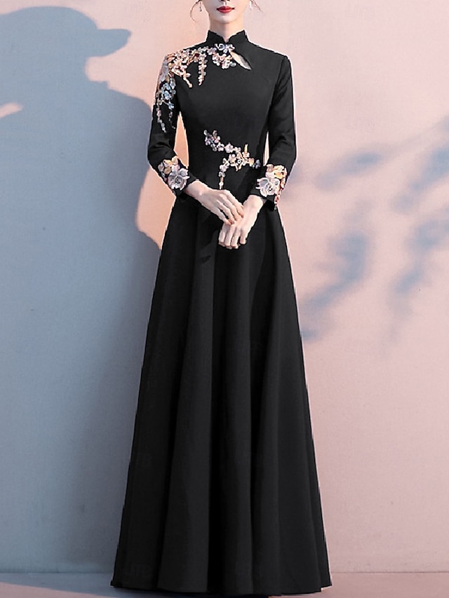 A-Line Mother of the Bride Dress Elegant Simple High Neck Floor Length Stretch Fabric Long Sleeve with Pleats Appliques free custom size - Black