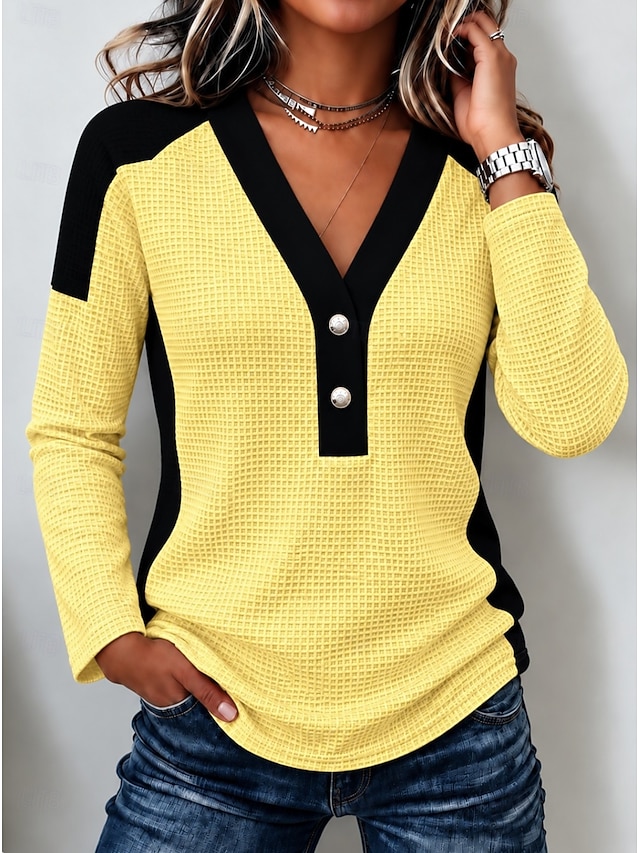 Women's Waffle Polo Shirts Patchwork Solid Color Bohemia Active Vacation Long Sleeve V Neck High Neck Regular Tops Casual Daily Holiday Blue White Red Summer Spring Fall Winter - White