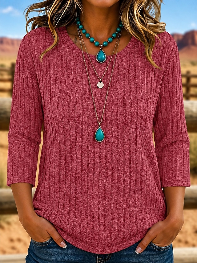 Women's T Shirt Texture Knit Solid Color Vintage Stylish Casual 3/4 Length Sleeve Crew Neck Regular Tops Casual White Sage Green Black Red Gray Summer Spring Fall - Red