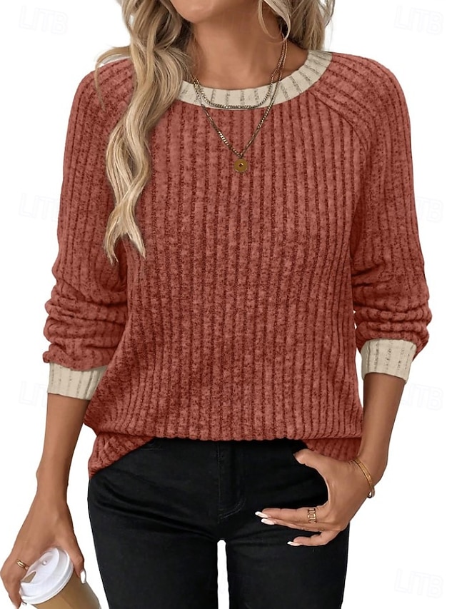 Women's Texture Blouse Textured Knit Tops Ribbed Knit Tops Elegant Vintage Ethnic Long Sleeve Crew Neck Long Tops Casual Daily Going out Rust Red Spring Fall Winter - Rust Red