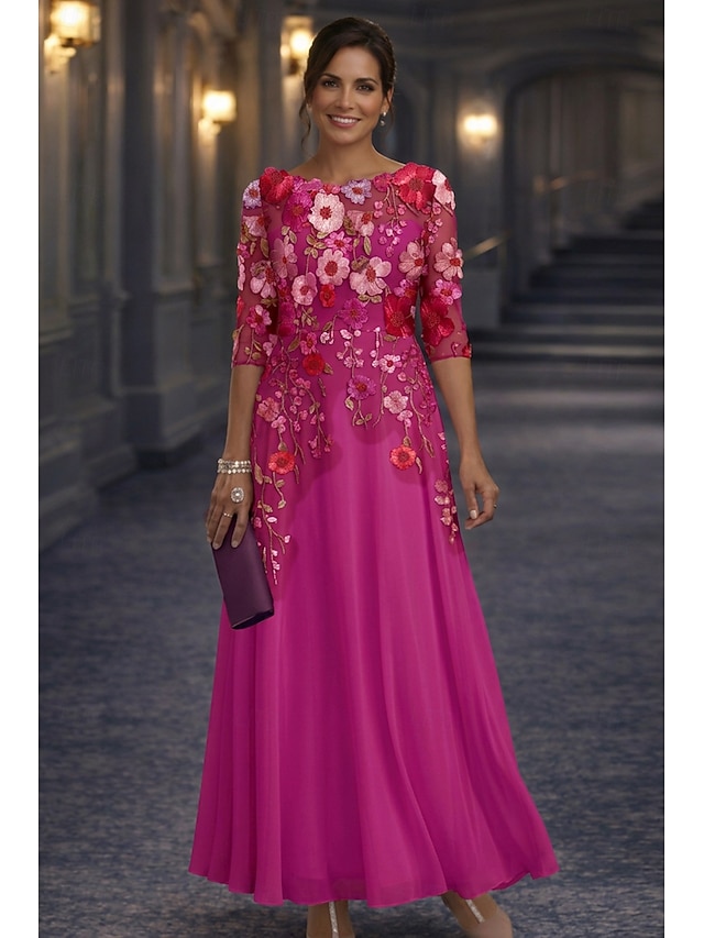 A-Line Floor Length Lace Dress Mother of the Bride Dress Long Sleeve Crew Neck Illusion Neck Elegant Vintage Formal Wedding Guest Wedding Party Chiffon Lace with Floral Print 3D Flowers Embroidery - Fuchsia