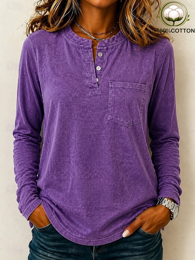 Women's Washed Cotton 100% Cotton Henley Shirt Solid Color Vintage Fashion Stylish Long Sleeve Crew Neck Long Tops Casual Beach Blue Purple Orange Spring Fall Winter - Purple