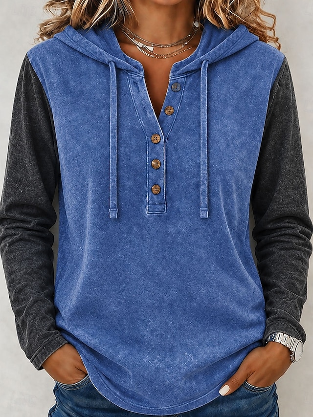 Women's Shirt Washed Cotton 100% Cotton Blouse Pleated Vintage Stylish Long Sleeve Hooded Henry Collar Regular Tops Casual Streetwear Work Blue Orange Summer Spring Fall - Blue