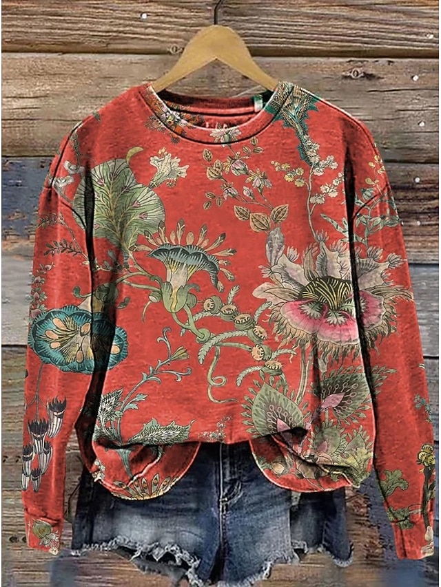 Women's Pullover Sweatshirt Print Floral Graphic Warm Active Vintage Long Sleeve Round Neck Regular Tops Casual Street Dailywear Blue Yellow Pink Red Beige Spring Fall Winter - Red