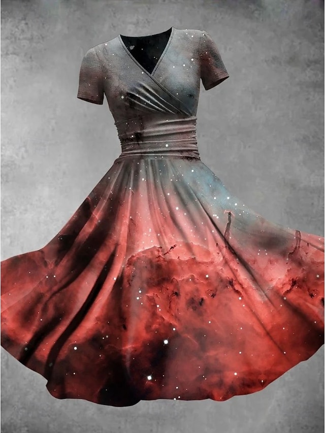 Halloween Women's Bloodstain Print Midi Dress A Line Dress Dress Fit And Flare Dress Party Casual Daily Holiday Regular Fit Graphic Abstract Short Sleeve V Neck Deep Green White Wine Red Fall - Wine