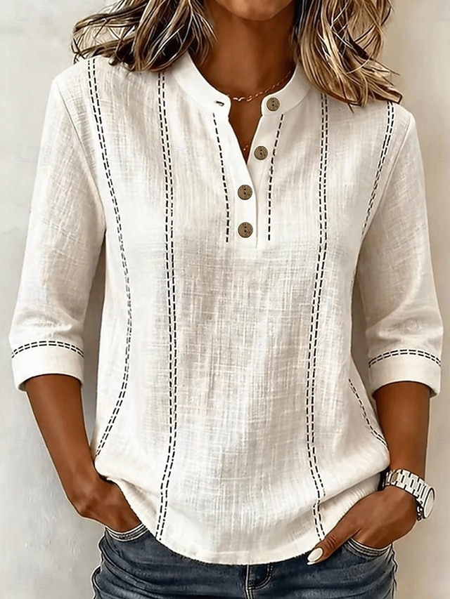 Women's Shirt Cotton Linen Shirts Vacation Vintage Daily Stand Collar Long Tops Casual Daily Work Blue Pink Beige Summer Spring - Beige