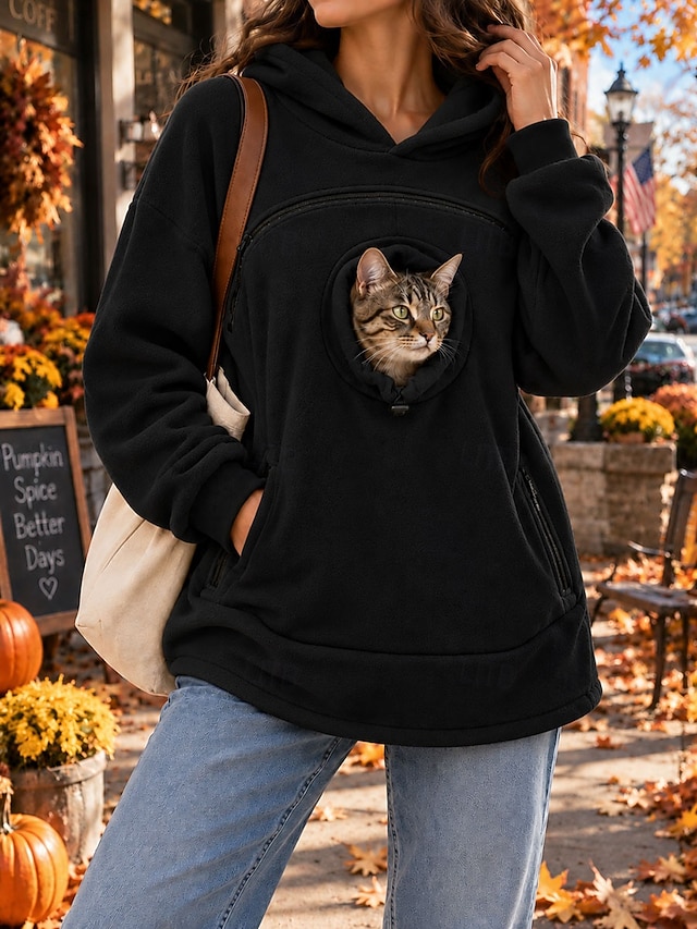 Women's Pet Carrier Hoodie Pet Pouch Hoodie Fleece Casual Long Sleeve Hooded Regular Tops pale pinkish gray Black Olive Green Yellow Red Fall Winter - Black