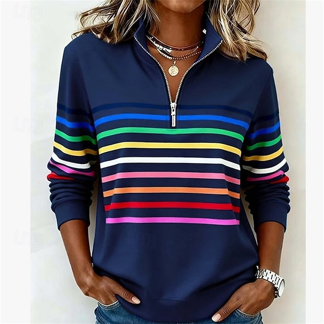Women's Pullover Sweatshirt Patchwork Print Quarter Zip Plain Striped Elegant Warm Classic Long Sleeve V Neck Regular Tops Casual Home Work Green Dark Blue Grey Fall Winter - Dark Blue