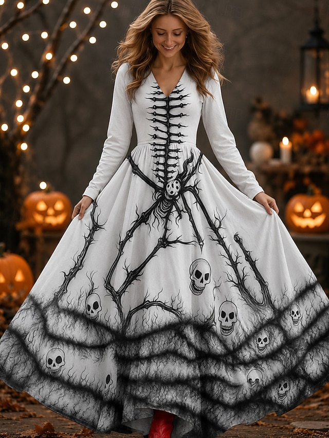Halloween Women's Maxi Dress Pleated Dress Boho Party Date Going out Regular Fit Skull Long Sleeve V Neck Black Fall Winter Autumn - White