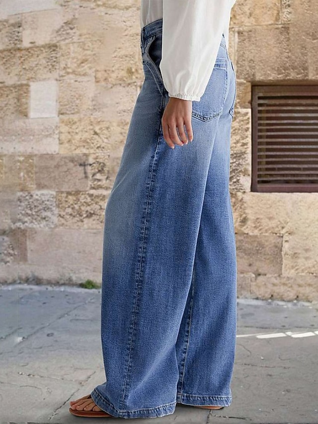 Women's Jeans Denim Wide Leg Fashion Streetwear Casual Full Length Medium Waist Plain Pocket Comfortable Micro-elastic Daily Outdoor Vacation Blue Spring Fall Loose Fit - Blue