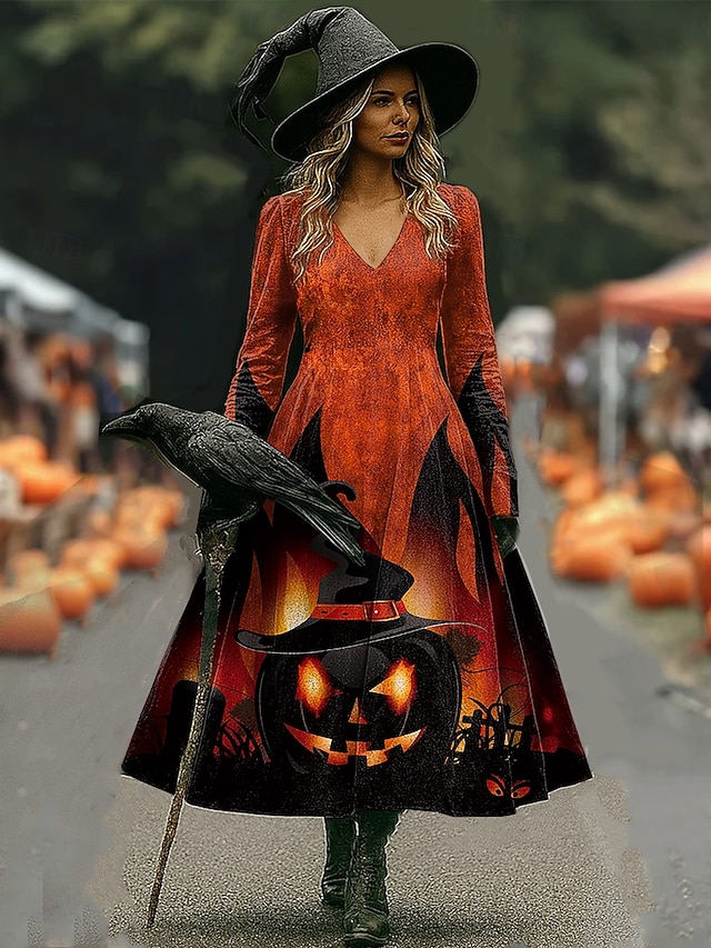 Halloween Women's Giant Skull Skeleton Print Midi Dress X Ray Rib Cage Graphic A Line V Neck Long Sleeve Gothic Costume Party Dress Gray - Black