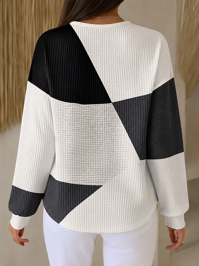 Women's Pullover Sweatshirt Geometric Abstract Casual Long Sleeve Round Neck Regular Tops Blue Black White Yellow Pink Spring Fall - Black