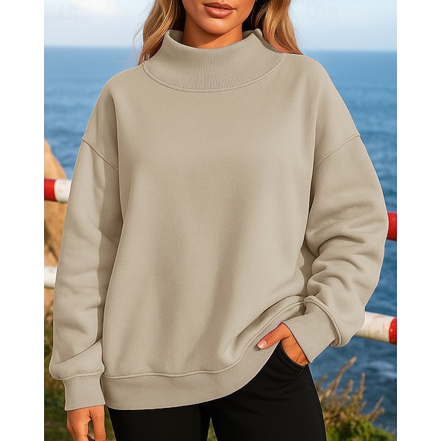 Women's Solid Colored Fleece Sweatshirt Pullover Sweatshirt Fall / Winter Long Sleeve Athleisure Thermal Warm Windproof Hiking Running Workout Black White Pink Sportswear Activewear - Apricot
