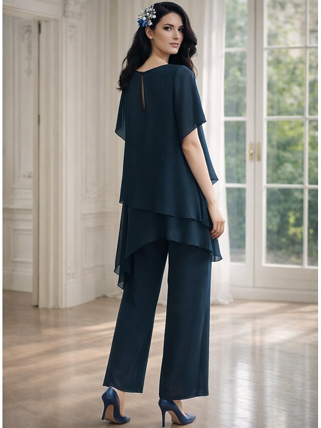 Pantsuit Asymmetrical Mother of the Bride Dress Short Sleeve Shirt Collar Elegant Formal Wedding Guest Formal Evening Chiffon with Solid Color - Navy Blue